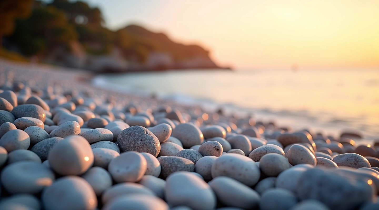 Pebblestone rand kaunis päikeseloojanguga, valged kivid ja rahuliku vee scenery